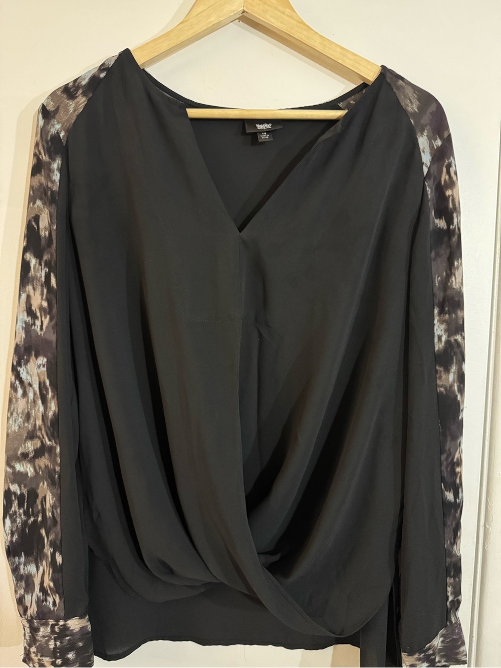 Mossimo Black Draped Blouse with Patterned Long Sleeves